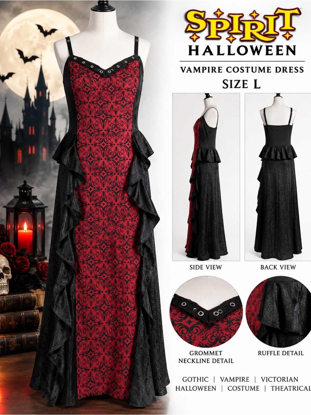 Spirit Halloween Vampire Gothic Damask Maxi Dress Red Black Size L